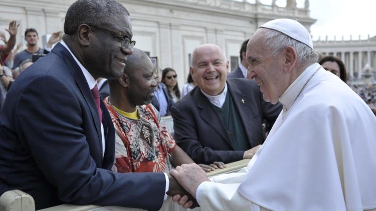 Pope Francis greets Denis Mukwege