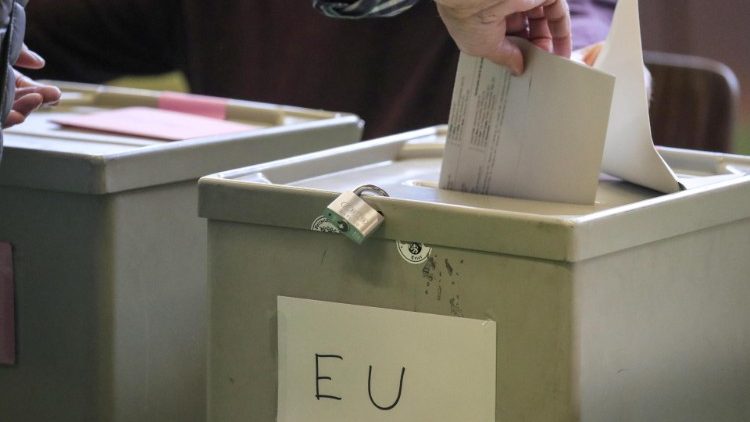A voter in Germany drops deposits their ballot