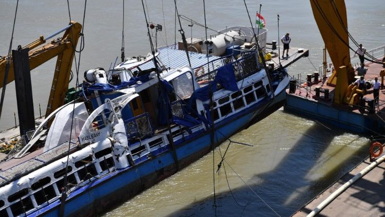 Recovery operation for sunken ship in River Danube in Budapest