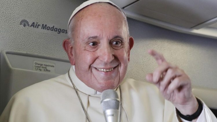 Pope Francis answers questions put to him by journalists on the flight from Antananarivo to Rome
