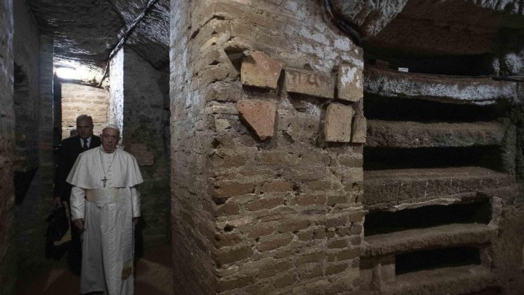 Pope Francis on a visit to the Catacombs of Priscilla on All Souls Day