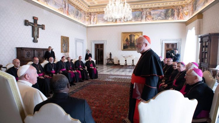 An archive photograph shows Pope Francis during an audience with a group of US bishops on their Ad Limina visit to the Vatican in November 2019 