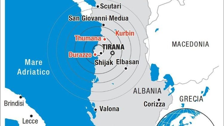 Lokalizace epicentra zemětřesení v Albánii