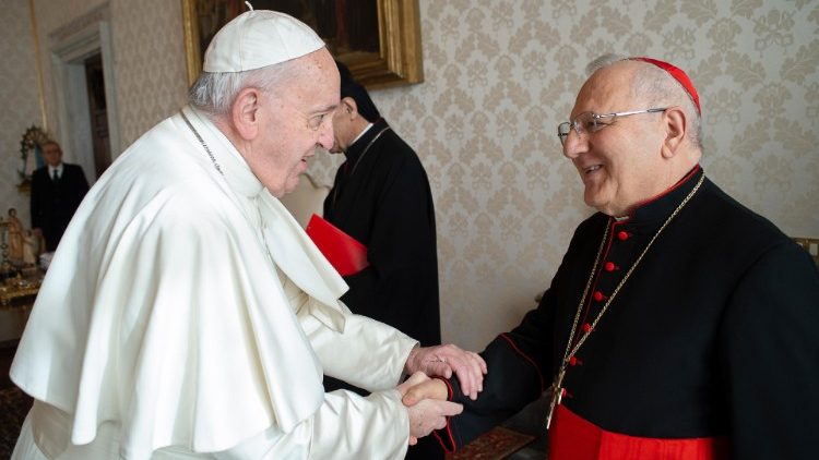 Pope Francis greets Cardinal Sako