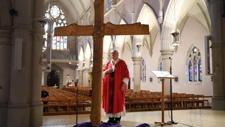 Archbishop Mark Coleridge of Brisbane celebrates Holy Mass in an empty St. Stephen's Cathedral due to covid restrictions