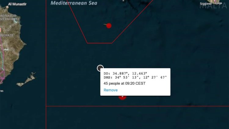 The position of the boat in distress in the Maltese search and rescue area