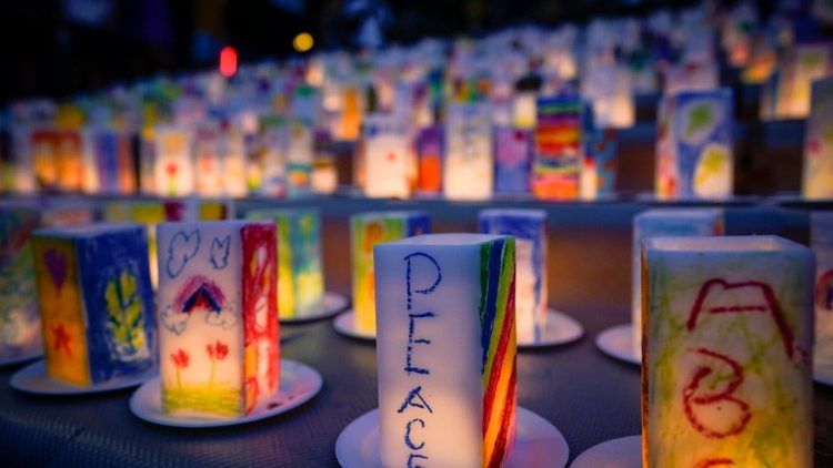 Lanterns with messages of peace at Nagasaki's peace park