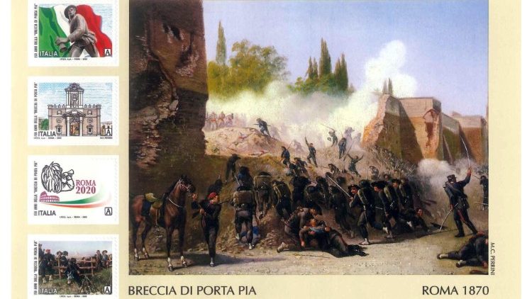 Briefmarke: Durch die Bresche an der Porta Pia wurde 1870 der Rest des Kirchenstaates von italienischen Truppen eingenommen 