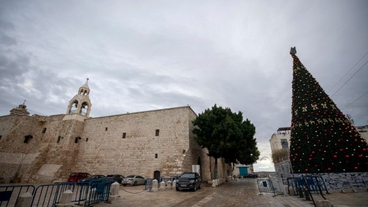 Manger Square, next to the Church of the Nativity, in Jesus' native town, Bethlehem, deserted under lockdown.