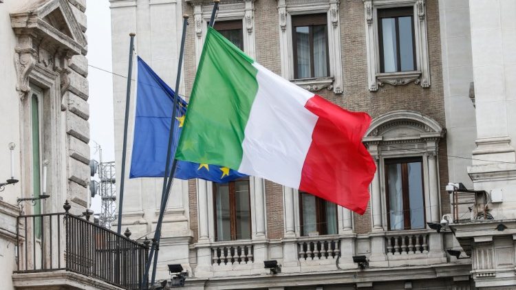 Italy's and the EU's flags flying full-mast at Rome's Chigi Palace indicate the first Council of Ministers of the new government is in course 