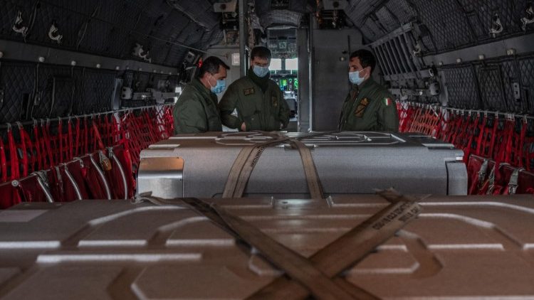 A shipment of Covid-19 vaccines in the cargo hold of a plane