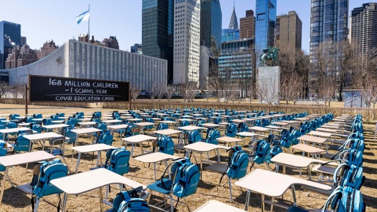UNICEF's 'Pandemic Classroom' set up at the United Nations headquarters in New York.