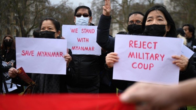 Worldwide people are protesting against Myanmar MIlitary Coup, here protesters are seen in London on 27 March 