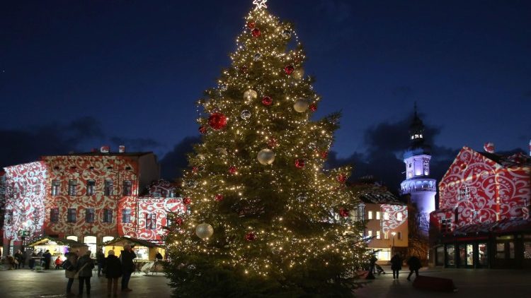A Christmas tree stands in Sopron, Hungary