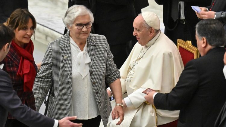 Pope Francis greets Holocaust survivor Lidia Maksymowicz from Poland
