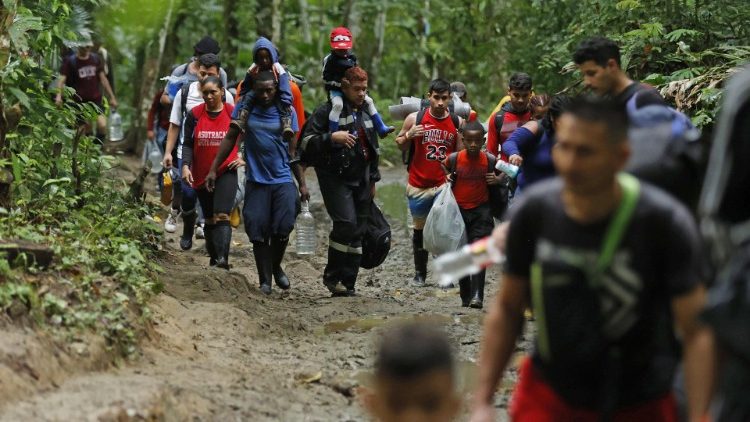 Migrantes caminan por una montaña con la intención de llegar al Tapón del Darién, selva que divide la frontera entre Colombia y Panamá.