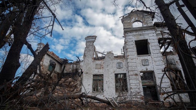 Damaged school in the Ukrainian city of Vuzlovyi 