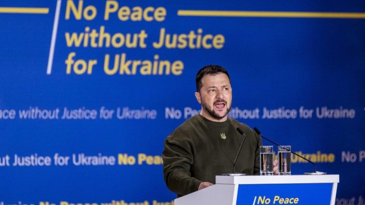 Ukrainian President Volodymyr Zelensky speaking in The Hague