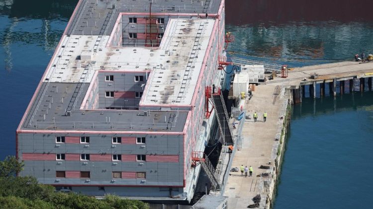 The  Bibby Stockholm barge  converted to house migrants in Portland