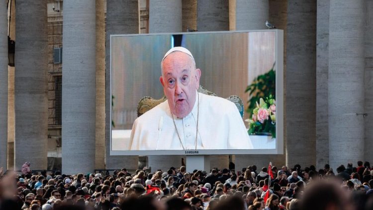 MAP Francis appears on the screens in St Peter's Square as he recites the Angelus on Sunday