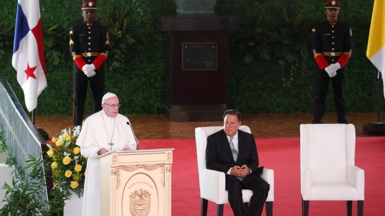 Pope Francis addressing Panama's authorities, diplomats , civil society.