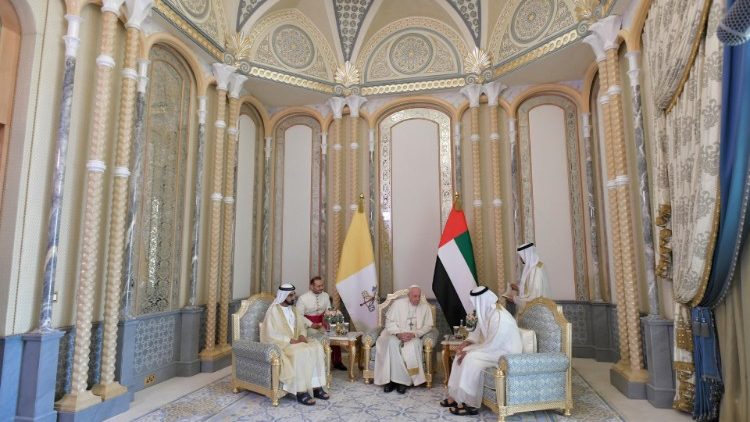 Pope Francis meets Vice-President of the United Arab Emirates and ruler of Dubai Sheikh Mohammed bin Rashid al-Maktoum, and Abu Dhabi's Crown Prince Mohammed bin Zayed Al-Nahyan during a welcome ceremony at the Presidential Palace in Abu Dhabi