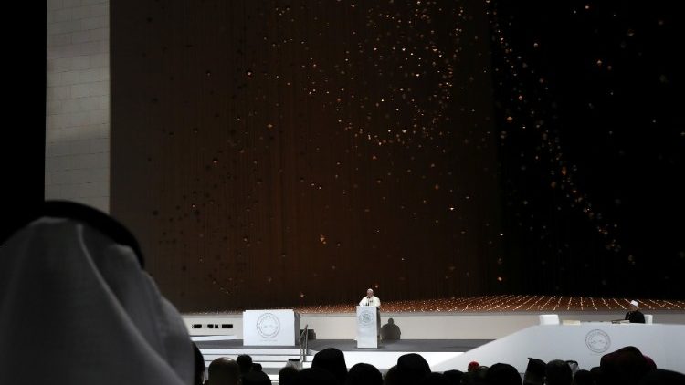 Pope Francis speaks during an inter-religious meeting at the Founder's Memorial in Abu Dhabi