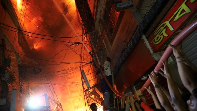 A view of a scene of a fire that broke out at a chemical warehouse in Dhaka