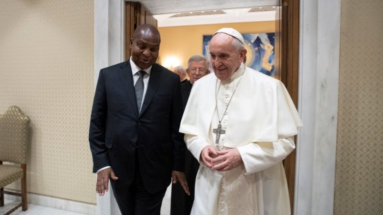Pope Francis meets with Central African Republic President Faustin Archange Touadera at the Vatican