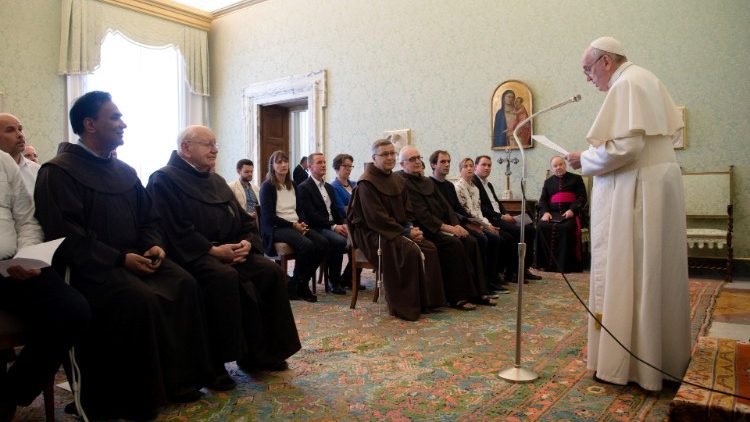 Pope Francis attends a meeting with members from "Missionszentrale der Franziskaner" at the Vatican