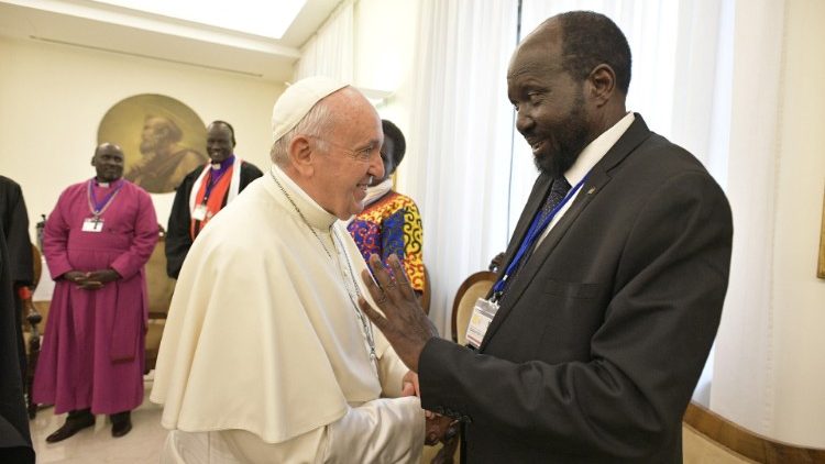 Pope Francis shakes hands with the President of South Sudan Salva Kiir