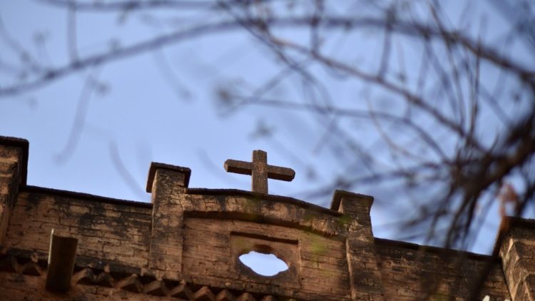 A cross is pictured at the cathedral of Our Lady of Kaya in the city of Kaya