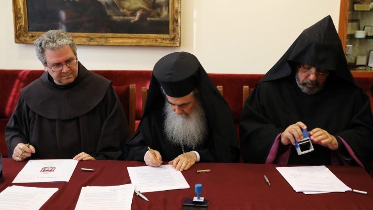 Custodian of the Holy Land Father Patton, Greek Orthodox Patriarch of Jerusalem Metropolitan Theophilos and Armenian Patriarch of Jerusalem Manougian, sign agreements giving their approval for a restoration project, in Jerusalem