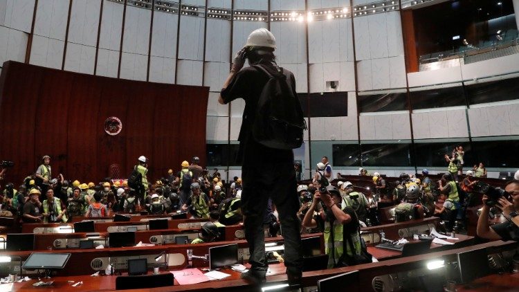 Protesters are seen inside a chamber after they broke into the Legislative Council building during the anniversary of Hong Kong's handover to China in Hong Kong