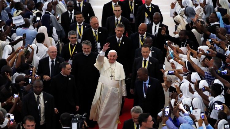 Pope Francis meeting the clergy, religious and catechists of Mozambique in the Cathedral of Maputo. 