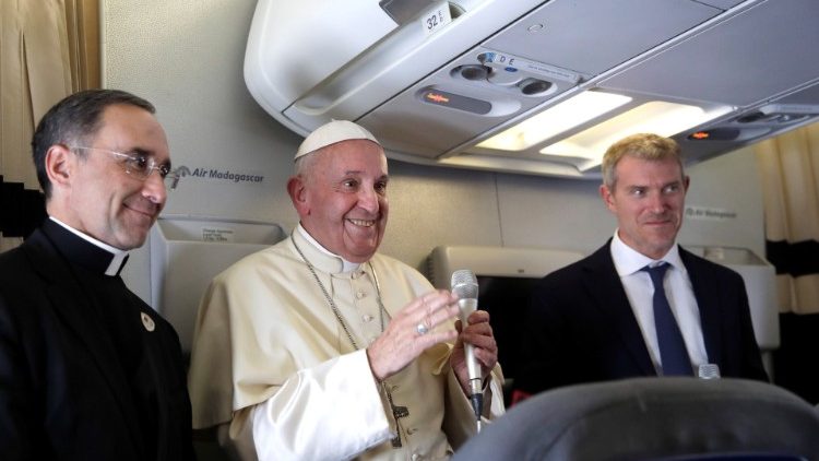 Pope Francis addresses journalists during his flight from Antananarivo to Rome