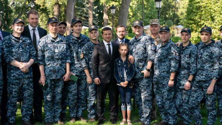 Ukraine's President Zelenskiy attends a meeting with liberated sailors in Kiev