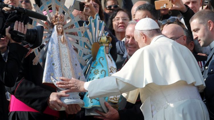 Pope Francis presides over the exchange of two Our Lady of Lujan statues by British and Argentinian military vicars that are symbolic of the 1982 Falklands War, at the Vatican