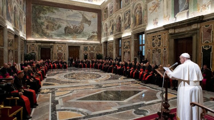 Pope Francis speaks during the traditional greetings to the Roman Curia in the Sala Clementina (Clementine Hall) of the Apostolic Palace, at the Vatican