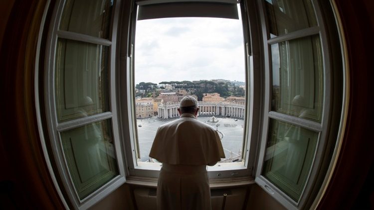 Pope Francis delivers the weekly Angelus prayer as it is streamed via video over the internet from inside the Vatican