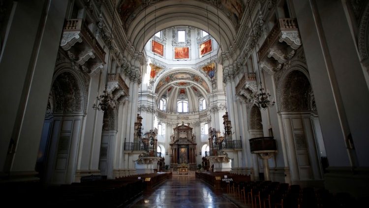 The empty interior of the Cathedral of Saints Rupert and Vergilius in Salzburg, Austria