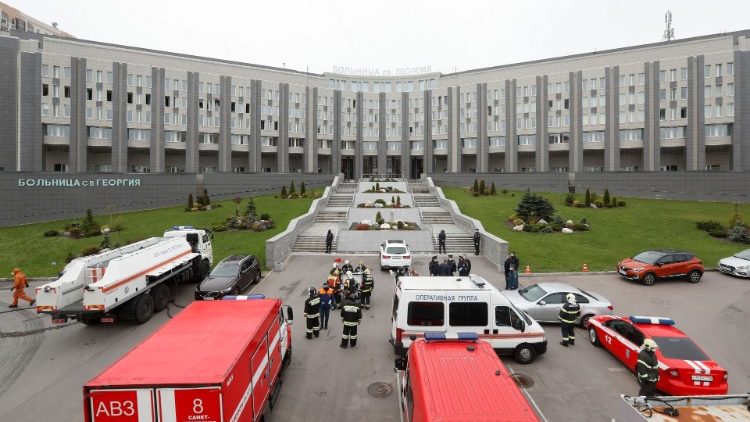 Emergency specialists work at the fire-hit hospital in Saint Petersburg