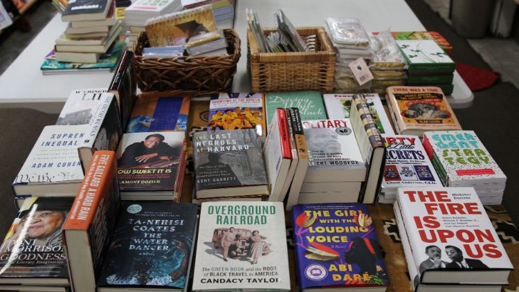 Books are seen on a table in independent bookstore Marcus Books in Oakland, California