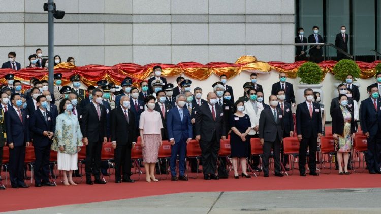Hong Kong Chief Executive Carrie Lam attends a flag raising ceremony to mark the anniversary of Hong Kong's handover to China from Britain, in Hong Kong
