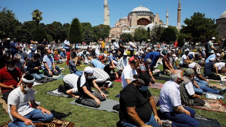 Muslims pray at Hagia Sophia in Istanbul