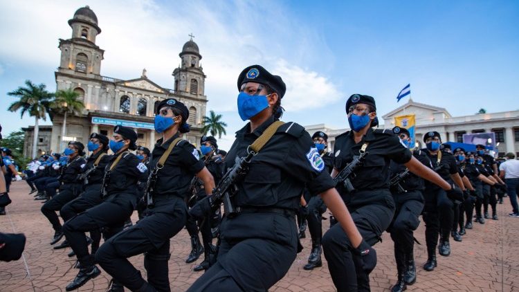 Members of the Nicaraguan National Police attend a ceremony to mark the 41st anniversary of the Nicaraguan National Police, in Managua