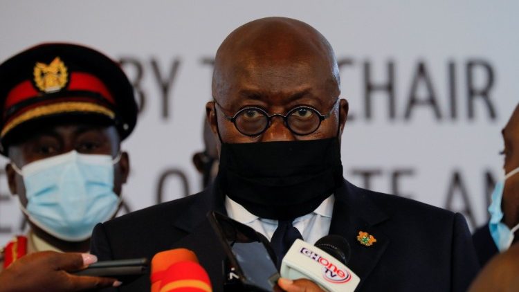 Ghanaian President Nana Akufo-Addo, new chairman of the Economic Community of West African States (ECOWAS), speaks to journalists after a consultative meeting in Accra
