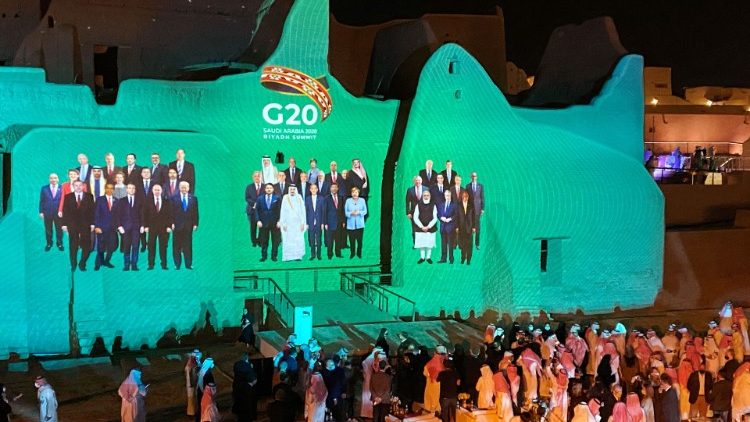 Family Photo of G20 Leaders' Summit is projected onto Salwa Palace in At-Turaif, in Diriyah - Saudi Arabia