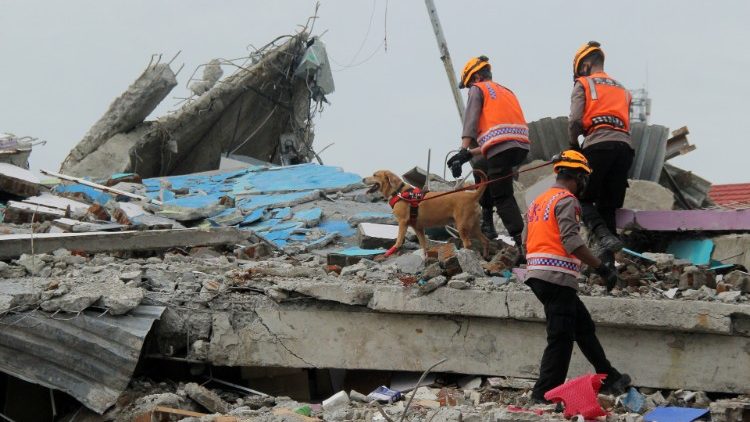 Police with sniffer dog inspect collapsed hospital building following earthquake in Mamuju