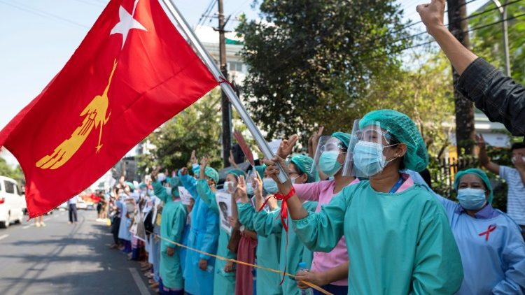 Medical workers rally against the military coup in Yangon
